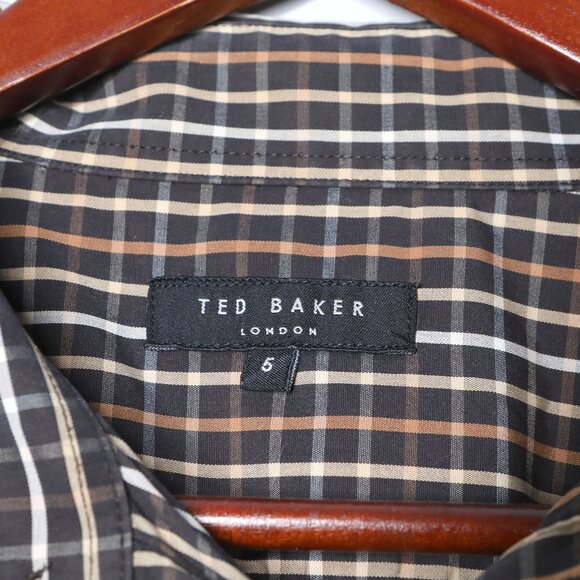 Ted Baker 100% Cotton Check Plaid Button Down Shirt Classic Office Brown Cream - Picture 4 of 8